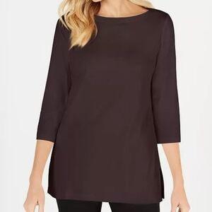 Karen Scott Brown Elegant Boat Neck Elbow Rolled Sleeves Soft Knit Top 2X